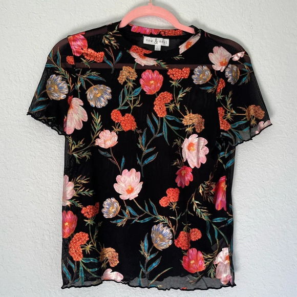 new & next Tops - New & Next Metallic Floral Print Black Mesh Ruffle Sleeve Top Size L